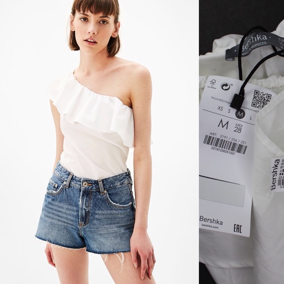 Bershka Asymmetric Ruffled One Shoulder Top NWT M - Picture 2 of 6